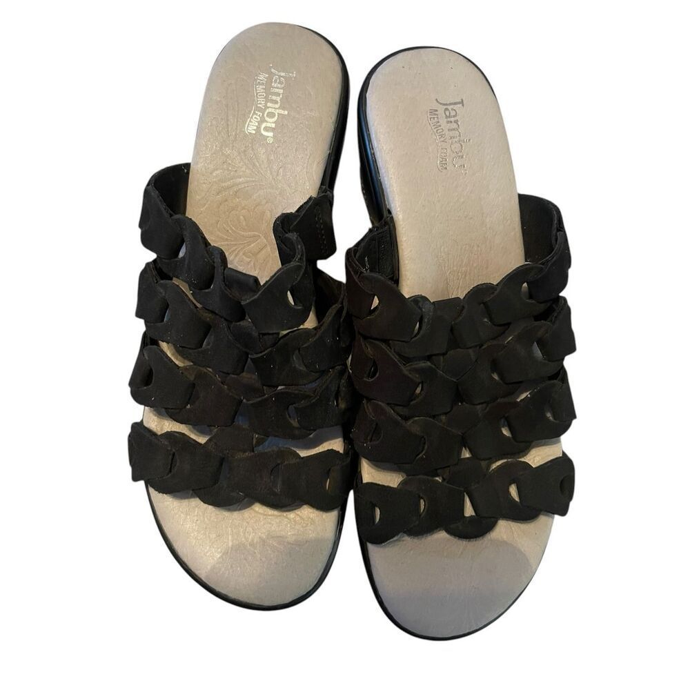 Jambu Romance Black Leather Memory Foam Wedge Sandals Size 9